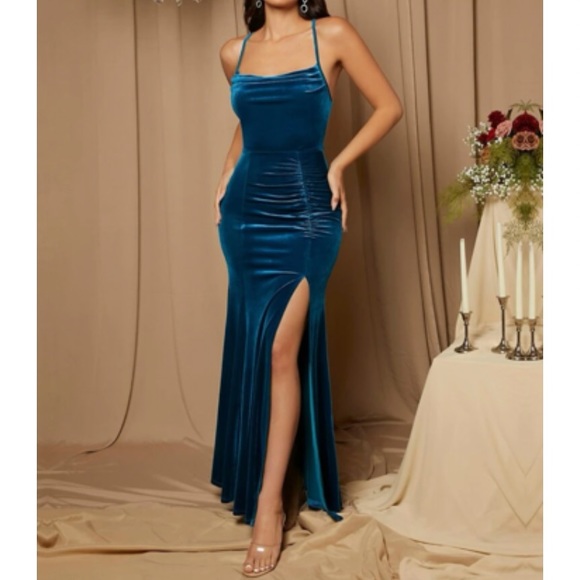 Luxe blue slit thigh crisscross back bridesmaids prom wedding velvet dress - Picture 7 of 9